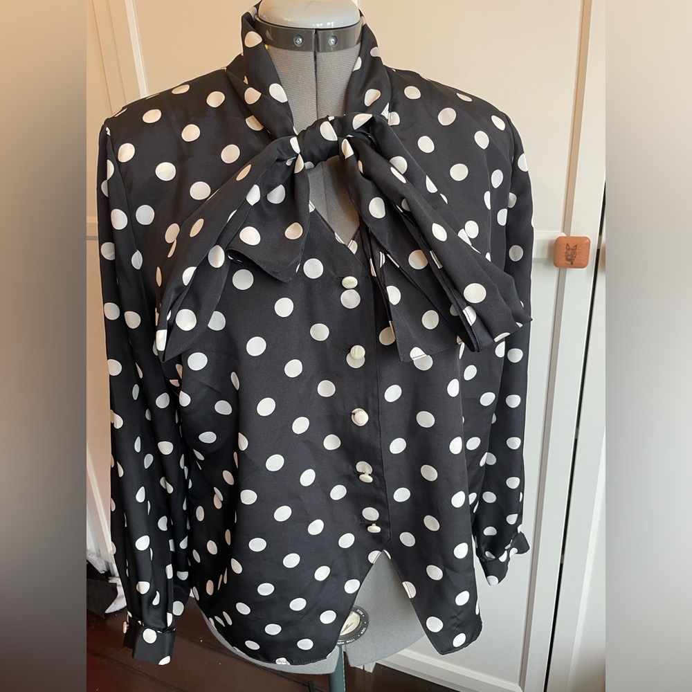 Vintage 80s polka dot blouse with tie at neck